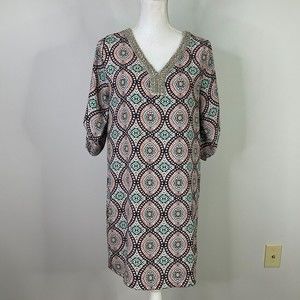 Molly Bracken Womens Mini Dress Size Small Medallion V Neck Beaded Unlined